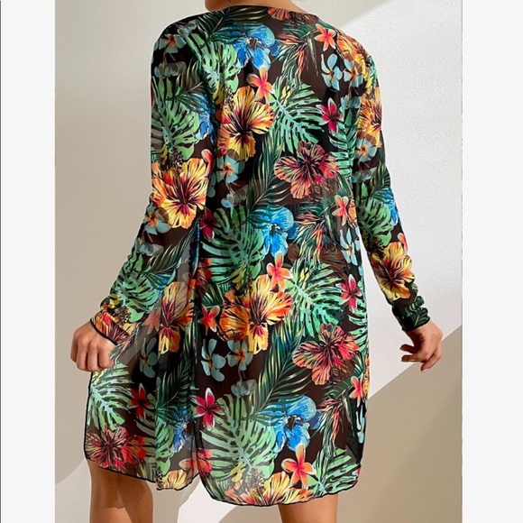 3 Piece Tropical Floral Print Push Up High Waisted Bikini Swimsuit Kimono GREEN - Picture 2 of 13